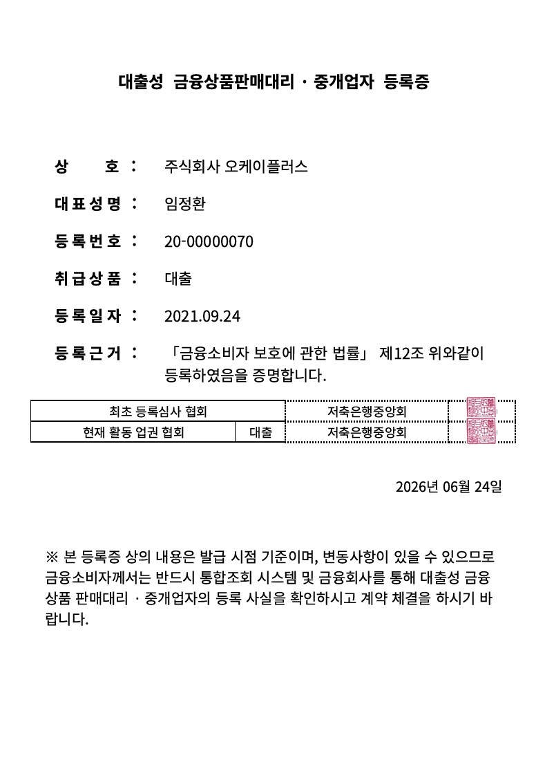 대출모집법인등록증